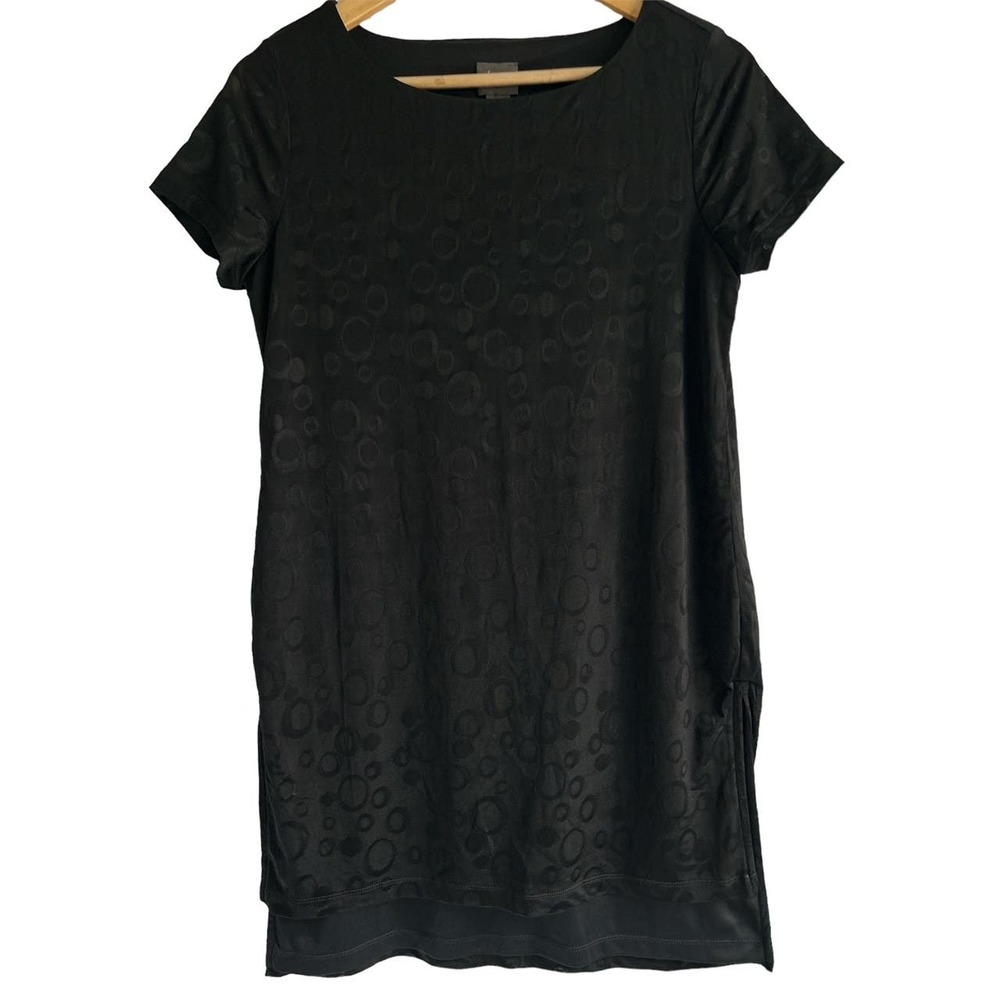 Chico’s Travelers Size Small Cap Sleeve Black High Low Artsy Tunic Blouse Top‎